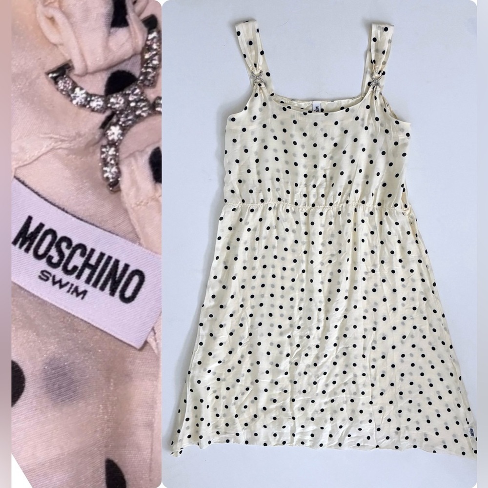 MOSCHINO swim Rhinestone crystal polka dot coverup mini dress cream black M